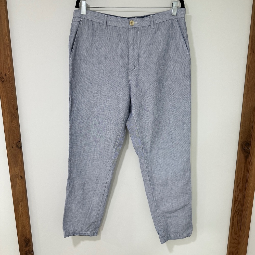 Banana Republic Kentfield Pants Mens 35x30 Blue Linen Cotton Pinstripe Chino